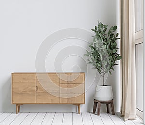 big white living room.interior design,wooden sideboard,empty wall for mockup and copy space