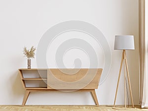 big white living room.interior design,wooden sideboard,lamp,carpet ,wall for mockup and copy space