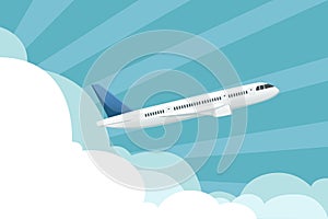 Big white passenger airplane turbine jet plane in blue sunny sky flat vector illustration