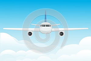 Big white passenger airplane turbine jet plane in blue sunny sky flat vector illustration