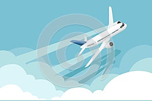 Big white passenger airplane turbine jet plane in blue sunny sky flat vector illustration