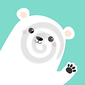 Big white polar bear waving hand paw print. Cute cartoon funny kawaii baby character. Merry Christmas Greeting Card. Flat design.