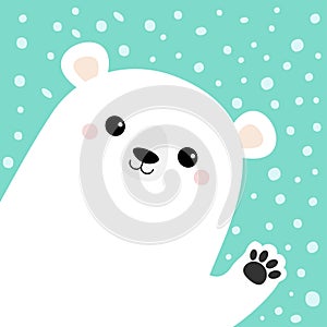 Big white polar bear waving hand paw print. Cute cartoon funny kawaii baby character. Merry Christmas Greeting Card. Flat design.