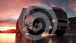 Big white semi - trailer truck closeup on asphalt road highway at sunset - transportation background. 3d illustration