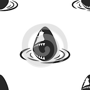 Big white shark head seamless pattern negative space, jaws with sharp teeth fish predator front view, white and black illustration