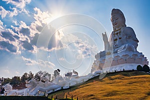 A big white statue of Guan Yin or Guan Yim at Wat Huay Pla Kang, Thailand