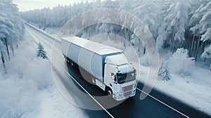 Big white truck driving along the road through the snowy forest on a cold winter day. Long-distance transportation. Generative AI