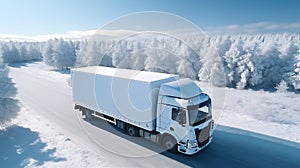 Big white truck driving along the snowy highway through the forest on a sunny winter day. Long-distance transport. Generative AI