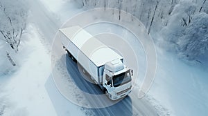 Big white truck driving along the snowy highway through the forest on a winter day. Commercial transport. Generative AI