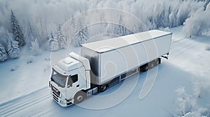 Big white truck driving along the snowy highway through the forest on a winter day. Commercial transportation. Generative AI,