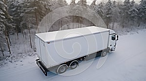 Big white truck driving along the snowy road through the forest on a winter day. Delivery in cold climate. Generative AI