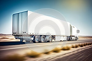 Big white truck moving on the street. A car with a trailer with a place to display graphics, advertising or inscriptions.