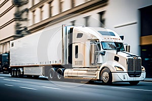 Big white truck moving on the street. A car with a trailer with a place to display graphics, advertising or inscriptions.