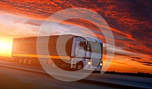 Big White Truck on the Road in a Rural Landscape at Sunset