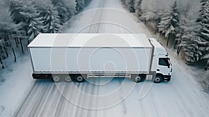 Big white truck on strike, blocking the snowy road. Northern forest on a winter day. Lorry turning on the highway. Generative AI