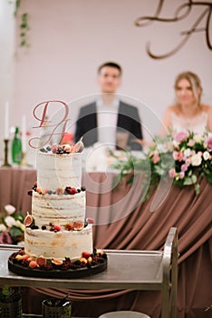 Big white wedding cake with fruit is on the table