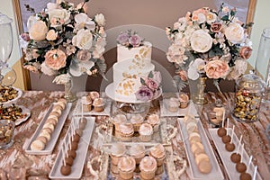 Big white wedding cake with fruit is on the table