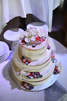 Big white wedding cake whit plates