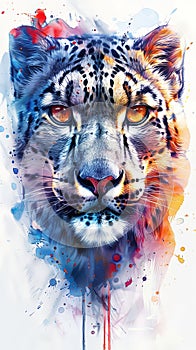 Big wild cat snow leopard portrait design in watercolor style with vivid multicolors