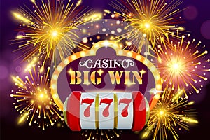 Big win 777 lottery vector casino concept with slot machine. Win jackpot in game slot machine illustration. Casino