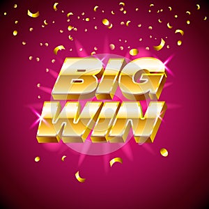 Big win banner with gold text for casino machines, gambling games, success, prize, lucky winner, vector illustration.