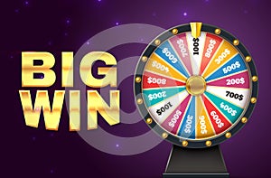 Big win banner. Realistic lottery wheel. Twisting circle for raffling prizes on starry background. Gambling and promo photo