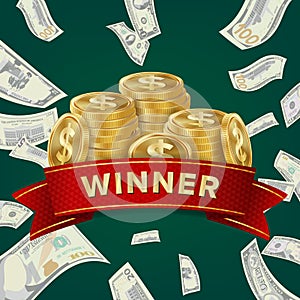 Big Win Billboard For Casino. Winner Sign. Jackpot Prize Design. Coins background.