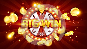 Big win casino banner, vector jackpot prize game sign, retro lucky wheel, light bulb, flying gold coins.