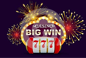 Big Win glowing banner for online casino, slot, card games, poker or roulette. Jackpot prize design background. Winner