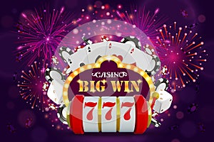 Big Win glowing banner for online casino, slot, card games, poker or roulette. Jackpot prize design background. Winner