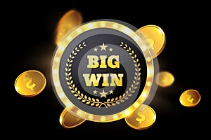 Big Win retro banner with glowing lamps. Vector