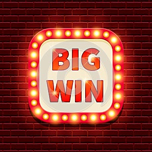Big Win retro banner template with lightbulb glowing
