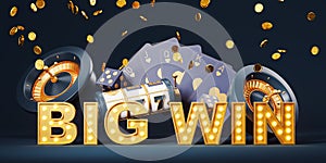 Big win sign and 777 jackpot, poker and casino