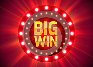 Big win sign with gold realistic 3d coins background. Jackpot concept.