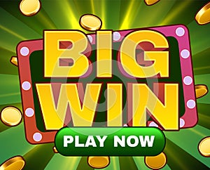 Big win sign with gold realistic 3d coins background. Jackpot concept