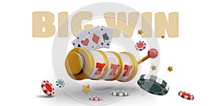 Big win vector banner. 3D slot machine, playing cards, poker chips, stars