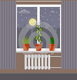 Big window with curtain and plants in pots on the windowsill. Night city, moon, clouds and stars outside the window. Vector illust