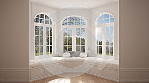 Big window with garden meadow panorama, minimalist empty space,