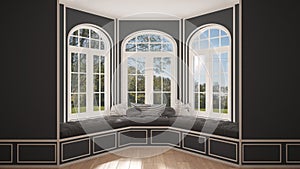 Big window with garden meadow panorama, minimalist empty space,