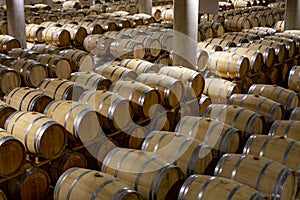 Big wine cellar with old oak barrels, production of red dry or sweet wine in Marsala, Sicily, Italy