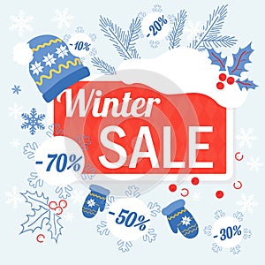 Big winter christmas sale design template with hat, glowes and sale tags discount.