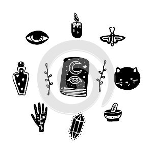 Big witch magic design elements collection. Cute hand drawn, doodle, sketch magician set. Witchcraft symbols potion