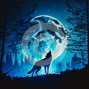 a big wolf howls at the moon, night forest, generative AI