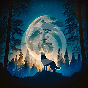 a big wolf howls at the moon, night forest, generative AI