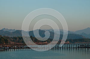 Big wooden bridge and mountainous view