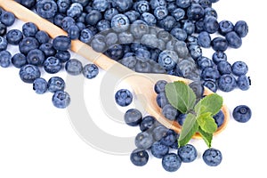 A big wooden spoon with organic blueberries and leaves of fresh mint, isolated on a white background. Copy space.