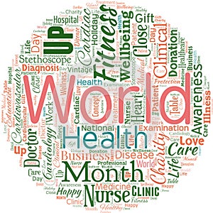 Big word cloud in the shape of circle with words world health. World day of action dedicated to tackling global hunger