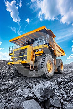 Big yellow anthracite coal mining truck in open pit mine industry for efficient extraction