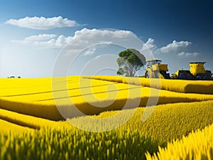 Big yellow combine harvests wheat on the field