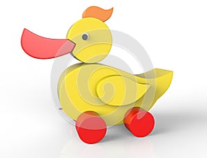 Big yellow duck toy on wheels. 3D image isolated on white